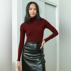 Lulus Wilde Burgundy Ribbed Long Sleeve Mock Neck Bodysuit